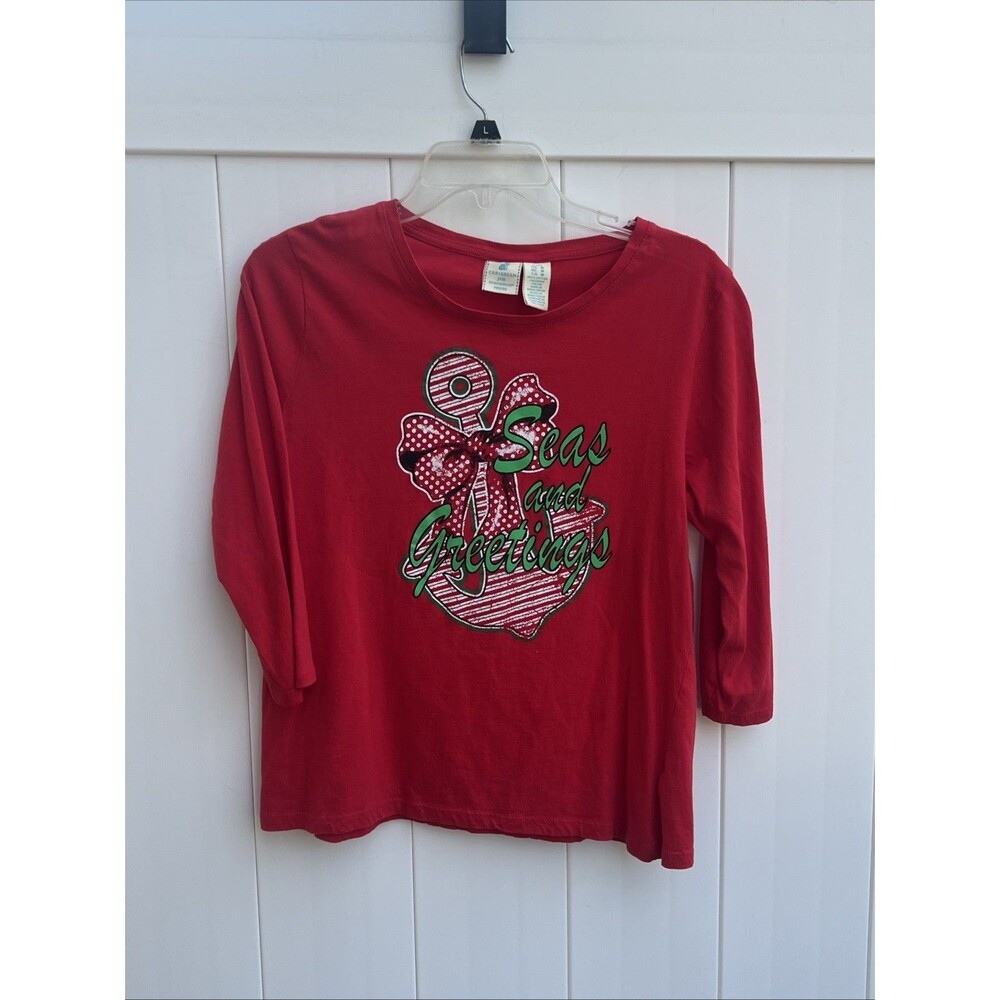 Caribbean Joe Womens Christmas Top pullover 3/4 sleeve Red Petite PM